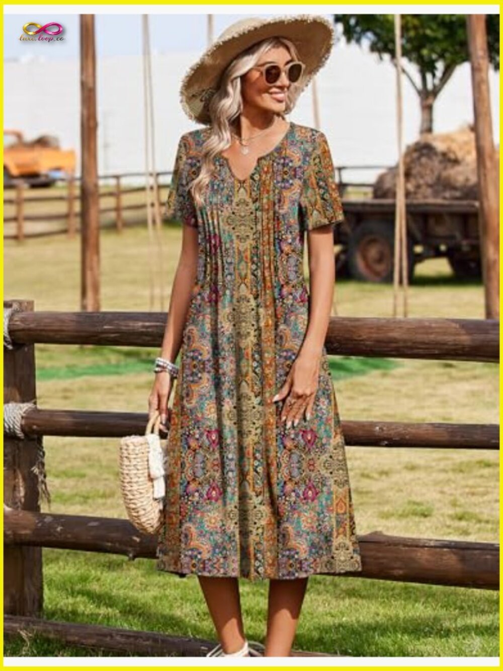 Casual Short Sleeve A-Line Midi Dress With Pockets Flowy Pleated T-Shirt Dress - Picture 5 of 7